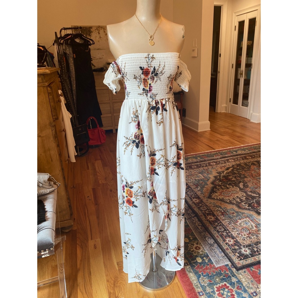 ePretty White Floral Smocked Off the Shoulder High Low Maxi Dress Small NWT